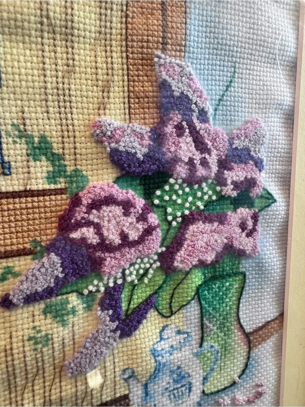 Framed Cross-Stitch Teddy Bear Cottage Core Granny Core Picture